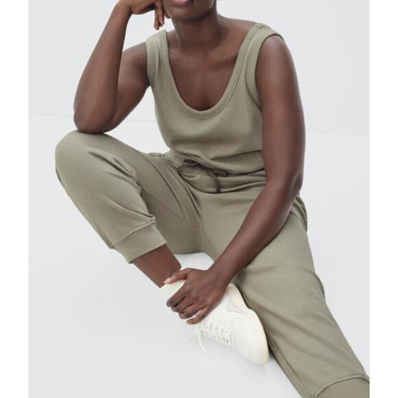 Everlane The French Terry Jumpsuit Romper •XXS•Drawstring Waist Scoop Neck Khaki - Picture 2 of 16